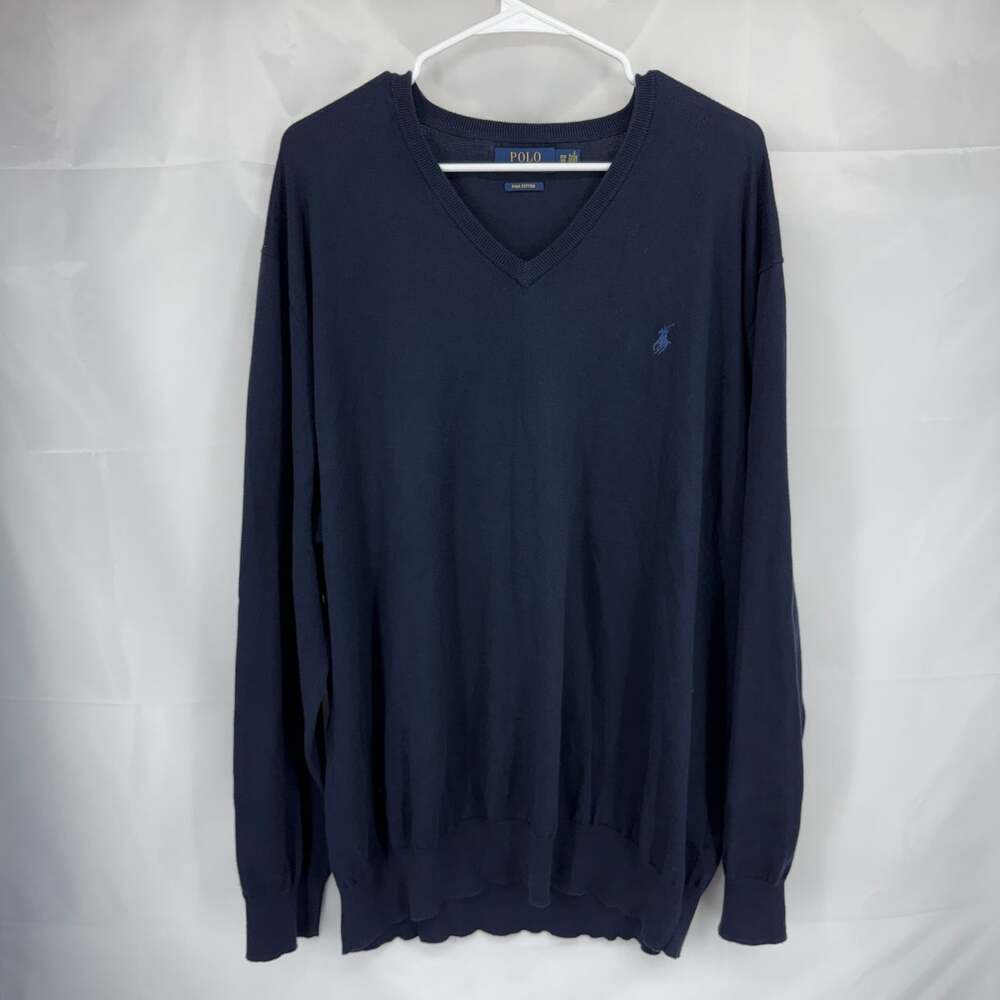 Polo Ralph Lauren Men 2XB V Neck Sweater Pima Cotton Blue Long Sleeve Casual